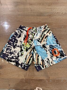 Kids' Multicolor Abstract Print Shorts with Orange Drawstring